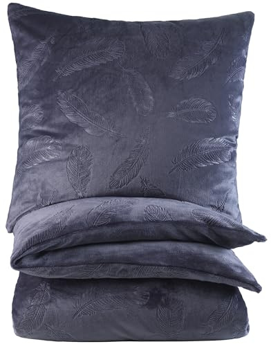 BaSaTex Winter Plüsch Bettwäsche Set, 135x200 cm, Federn Grau | Warm und Kuschelig, Öko_Tex Zertifiziert, Reißverschluss, Flauschig Anschmiegsam, Feuchtigkeitsregulierend
