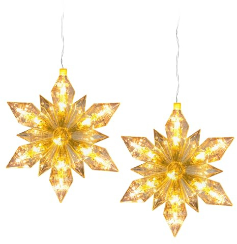 Spetebo LED Schneeflocke zum Hängen 23 cm mit Timer - 2er Set - Weihnachtsstern warm weiß beleuchtet Batterie betrieben - Stern für Weihnachten Advent Winter Fenster Deko