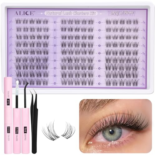 ALICE Eyelashes Individual Kit Natural Cluster Lashes Kit Clear Band Wispy Lash Extension Kit Cluster Eyelash Extension Kit with 135pcs C Curl 10-14mm Eyelash Clusters Bond and Seal DIY at Home