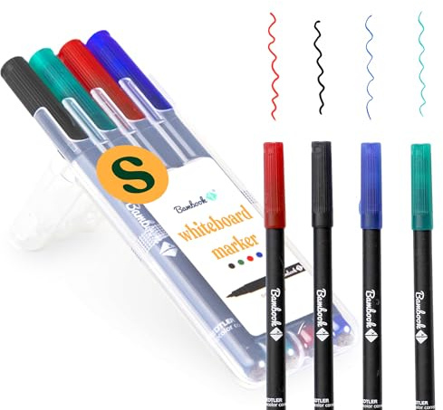 BAMBOOK Markerset – 4 Farben Whiteboard Marker Set (0.6mm S) – Abwischbare Stifte in Schwarz, Blau, Rot, Grün mit Radierer – Whiteboard Stifte Zubehör für Schule & Büro