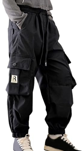 Kids Cargo Pants Girls Age 3-14 Years Fashion Cargo Trousers for Girls Loose Fit Elastic Waist Tighter Pockets Comfy Stretchy Winter Spring Casual Vacation Sweatpants (Black, 11-12 Years)