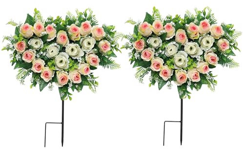 Lodou 2 Sets Artificial Cemetery Flowers, Grave Memorial Flowers with Ground Spike,Heart Shaped Wreaths Rose for Artificial Rose Decoration for Cemetery Headstones Gravesites (Beige)
