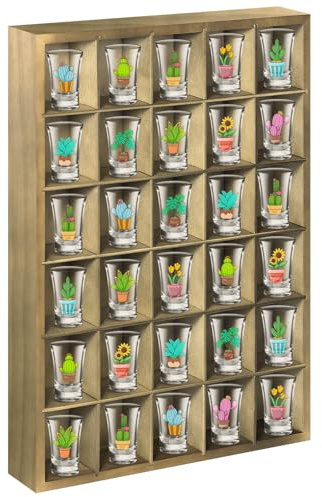 Shot Glass Display Case, Vintage Green Wooden Shot Glass Shelf with Removable Shelves, Wall Mounted Shadow Box Thimble Display Case, 30 Slots