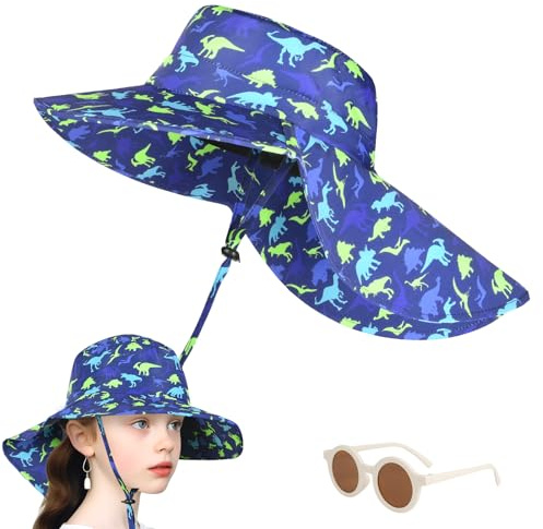 DiULi Solhatt baby, UV-hatt barn med justerbara band och glas, hink hatt brett brätte keps med nackskydd, justerbar storlek för unisex, Grön dinosaurie, 2-6 år