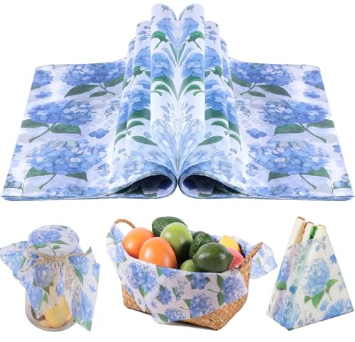 150 Pcs Hydrangea Wax Paper Sheets for Food Deli, 9.8 x 8.3 inch Blue Floral Greaseproof Wrapping Paper for Sandwich Picnic Basket Liner Birthday Wedding Party Supplies