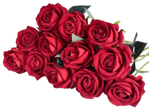 Eclove 12 Pcs Rose Artificiali, Realistiche Singola a Gambo, Fiori Artificiali Finto 30cm Lungo Rosa Finta, Bouquet da Sposa in Seta per Decorazioni in Casa per Giardino Feste Ufficio (Rosso)