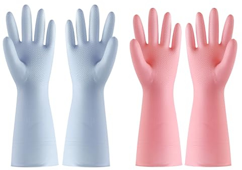 Wiederverwendbar Putzhandschuhe,2 Paar Anti-Rutsch-Stulpen Haushaltshandschuhe,Wasserdichte Handschuhe,Gummihandschuhe,Geeignet FüR KüChenhandschuhe,GeschirrspüLen,Reinigen,Langarm,Orange Und Blau