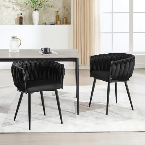 KHISCHMO Samt Esszimmerstühle 2er Set Schalenstuhl mit Armlehne in Knoten Optik Küchenstühle mit handgeflochtenen Rückenlehne Schminktisch Stuhl für Küche, Wohnzimmer, Büro, Schwarz