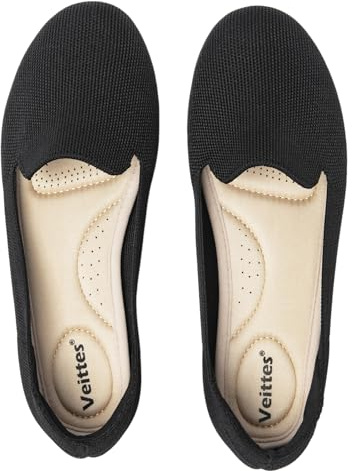 Veittes Women's Wide Width Ballet Flats - Soft Knitted Breathable Slip-on Office Shoes.(2205003-2,BK/FK,4 UK)