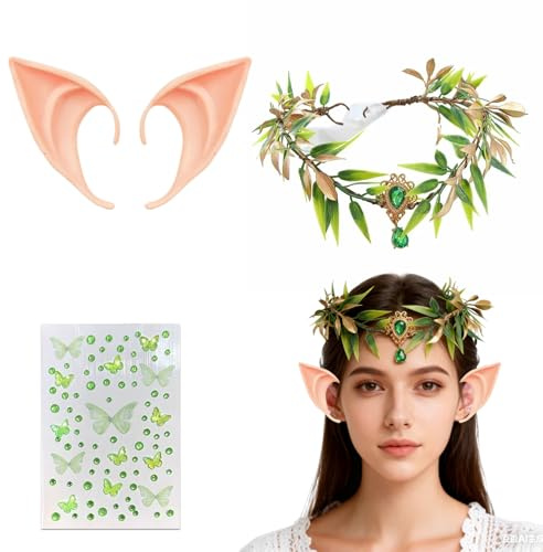 RAOPNHS Elfen Kostüm Damen Set mit Elfenohren & Kopfschmuck Elfe – Fantasy Elfe Zubehör für Karneval Kostüm Damen, Florales Wald Elfen Kopfschmuck, Cosplay, Mottofest, Fasching & Halloween