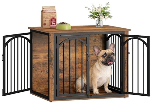 Fobyfurny Hundbur, 80 cm Träbur med 4 Dörrar, Sidobord i Form av Djurbur för Små till Medelstora Hundar, Hundbur för Inomhusbruk, 80 x 60 x 63 cm, Rustikbrun och Svart FPDC001FD1