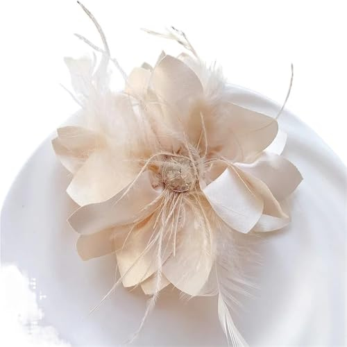 Federbrosche zum anstecken Handgemachte Stoff Blume Broschen for Frauen Feder Kristall Corsage Hochzeit Partei Schmuck Kleidung Zubehör Hochzeit Party Fasching Haarclip Fascinator(Beige)