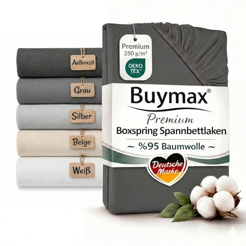 Buymax Boxspringbett Spannbettlaken 140x200 bis 160x220 cm Anthrazit – Premium Jersey 250 g/m² – 95% Baumwolle 5% Elastan – bis 35 cm Matratzenhöhe