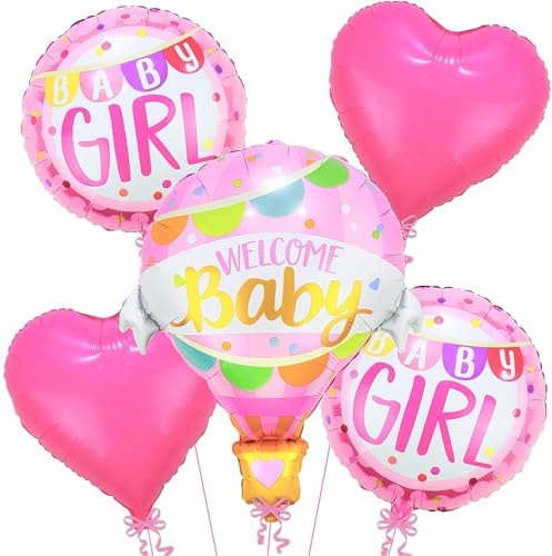 Gleemix Babyparty Deko Mädchen Ballon Set, 5 Stück Baby Girl luftballons, Its a Girl Ballon Rosa für Gender Reveal, Welcome Baby, Babyshower Deko（Heißluftballon）