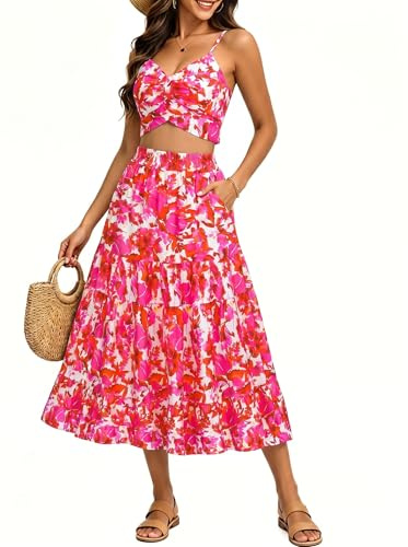 DRESSTELLS Women's Boho Floral Two Piece Outfit Summer Holiday Beach Vacation Ruffle Maxi Dress with Pockets