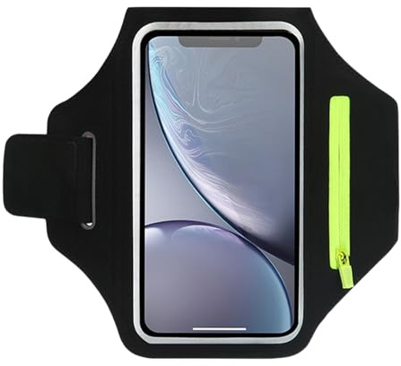 Merzio Running Phone Holder Armband with Green Zipper Pocket, Sweatproof Sports Arm Band for Running Gym Workouts, Adjustable Cell Phone Carrier Fits Up to 6.7 Smartphones (Black)