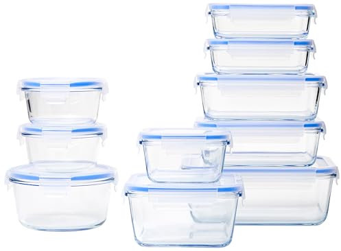 Amazon Basics Auslaufsichere Glasbehälter mit Verschlussdeckel, 20-teiliges Set, inklusive 10 Behälter und 10 Kunststoffdeckel, transparent, blau, BPA-frei