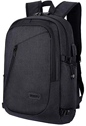 WAWJ Mochila antirrobo Impermeable, Mochila para portátil Multiusos Daypacks con Puerto de Carga USB (Negro)