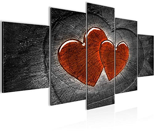 Runa Art Bild Wohnzimmer Schlafzimmer Herzen Holz 5 Teilig Holzoptik Grau Rot Wandbilder auf Vlies Leinwand 104153c
