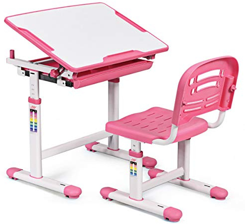 COSTWAY Scrivania per Bambini con Sedia, Tavolo Studio Regolabile in Altezza e Piano Inclinabile, Tavolo e Sedia Ergonomica in Materiali Sicuri per 3-14 Anni (Rosa)