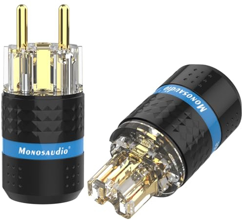 Monosaudio Paar HiFi Schukostecker & IEC C15 Anschluss High-End Kaltgeräte-Stecker Buchse Steckdose 16A 250V Audiophiler Netzstecker Kupplung Vergoldet E103G/F103G