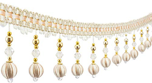 Yalulu 4 Yards Borte mit Quasten, Hängende Perlen Fransen Quaste Kugel Trim Stoffband Fransenband Kugelquaste Trimmen Quastenborte Vorhangborte Gardinen Vorhang Dekoborte (Beige)