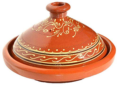 Tajine original du Maroc en terre cuite émaillée Tuareg - Diamètre : 26 cm - Pour 2 à 3 personnes - Fabriqué à la main en Marrakech