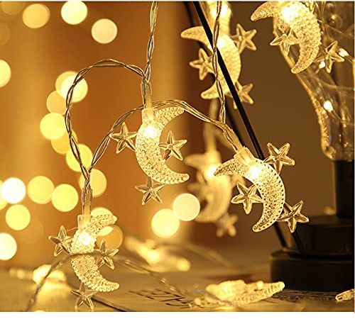 Fielegen 6M 40 LED Moon String Lights Battery Operated Moon Star Fairy Lights Ramadan Decoration Lights for Indoor Bedroom Home Garden Wedding Birthday Party Festival Decor