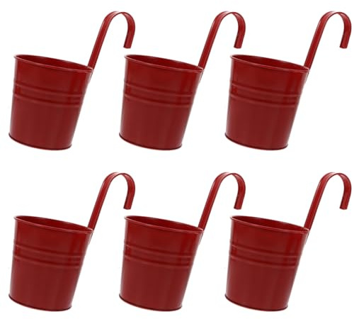 Cabilock 6Pcs Hängender Blumentopf Metall Blumentöpfe Blumeneimer Hängetopf Wand Pflanzer mit Ablaufloch Metall Vase Pflanztöpfe Pflanzgefäße Balkontopf Übertopf für Zuhause Garten Balkon Rot