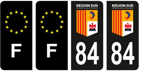 HADEXIA Nummernschild-Aufkleber, französisches Departement 84, Vaucluse, Region Sud, Schwarz, Farbe & F, Frankreich, Europa, 4 Stück