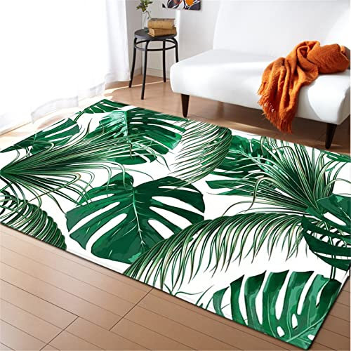 Chickwing Teppich Wohnzimmer Kurzflor Teppiches 3D Pflanzen Muster, Weiche Flanell Teppich Antirutschunterlage Krabbelmatte für Kinderzimmer Schlafzimmer Outdoor (Grüne Monstera,80x120cm)