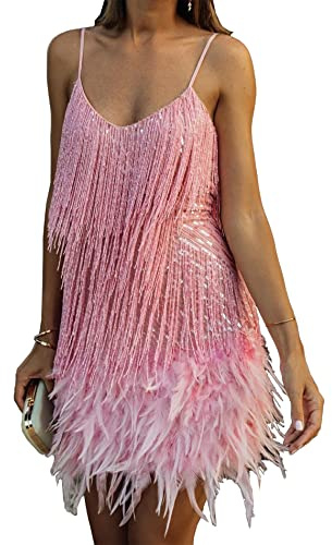 HAHAEMMA halterneckklänning för kvinnor, tofs, 1920-tal, fransklänning, Great Gatsby-stil, perfekt för cocktailparty med mera., Rosa-22853, XL
