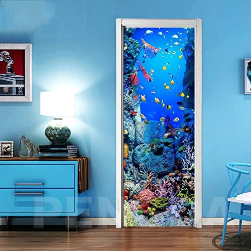 Effet 3D Trompe L'Œil Sticker Porte Mural - Autocollant Papier Peint pour Salon, Cuisine, Chambre, Salle de Bain - Poisson de Corail de Mer 77X200cm