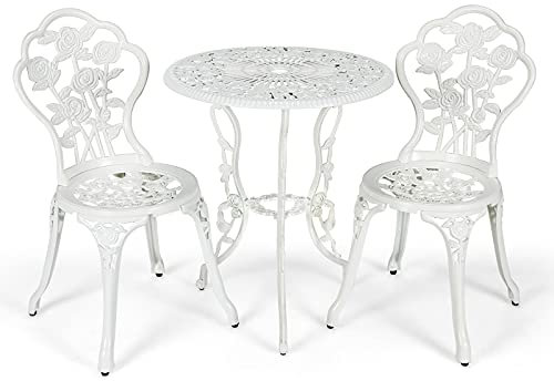 COSTWAY 3 Pieces Patio Bistro Set, Cast Aluminum Antique Weather Resistant Chairs and Table with Umbrella Hole, Antique Bronze Finish Garden Furniture Set Outdoor Dining Set, Rose Design (White)