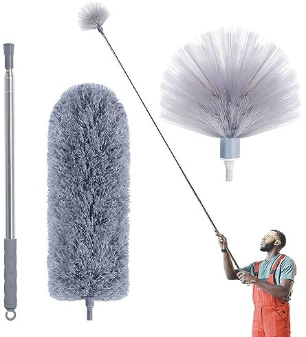 IVYROLL Microfiber Feather Duster, Cobweb Duster with 100” Extension Pole, Dusters for Cleaning, Bendable Head, Washable Duster for Ceiling, Fan, Furniture