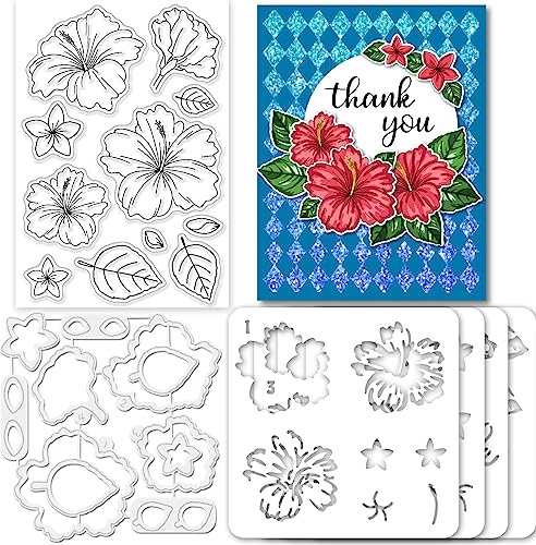 GLOBLELAND Geschichtetes Hibiskus Thema, Transparente Silikon Stempel, Metallschichtung, Hibiskus Stanzformen, Haustier Bastelschablonen, Vorlage Für Kartenherstellung DIY Prägun