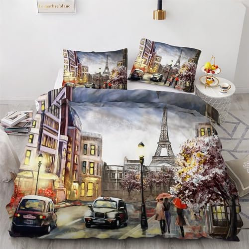 ROUSKI Bettwäsche Paris Eiffelturm 135x200 cm 2teilig 100% Mikrofaser Kinderbettwäsche Kunst Ölgemälde Bettbezug mit Reißverschluss 3D Motiv Zimmer Dekor Bettwäsche-Sets mit Kissenbezüge 80x80