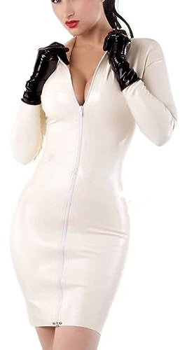 Latex Long Sleeve Dresses Latex Dress Warm White for Women Party Wear Plus Size No Gloves,Yellow,S