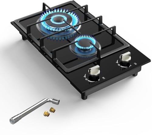 Gas Stove 2 Burner Propane Cooktop 12 inch, Nafewin Tempered Glass Portable Gas Cooktop Stove Burner with Thermocouple Protection, Lpg/Ng Dual Fuel Built-in Hob for Apartments, Outdoor, Rvs