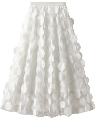Achlibe Langer Tüllrock für Damen, 3D-Punkte, elastische Taille, Netzstoff, Feen-Midirock, Halloween, Rave, Party, Ballkleid, A-b-weiß, Einheitsgröße