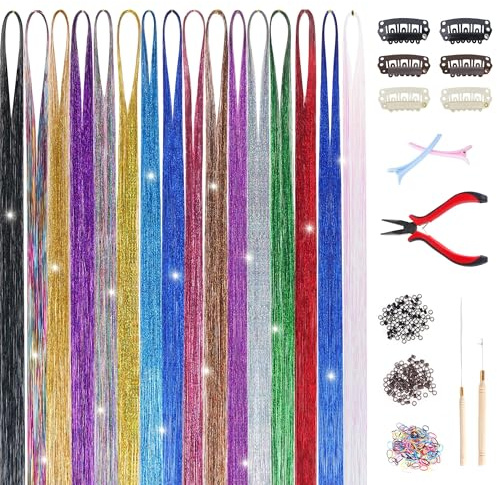 GOO GOO Hair Tinsel Kit 16 Colors, 3200 Strands of 48 Inch Tinsel Hair Extensions, Fairy Hair for Girls with Tools, Sparkling Glitter Highlights for Christmas, Halloween, Cosplay, and Parties