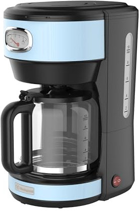 Westinghouse Kaffeemaschine Retro-Design, Filterkaffeemaschine für bis zu 10 Tassen, Permanentfilter, Glaskanne, Tropfschutzsystem, Warmhaltefunktion, Brühvorgang-Anzeige, Abschaltautomatik, hellblau