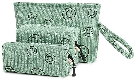 Jiliyote Kosmetiktasche für Damen Set Cord Samt Kulturbeutel Kleine Cord Kosmetiktasche Damen Schminktasche Lächeln Schminktasche Reise Kosmetiktasche Mädchen, grün