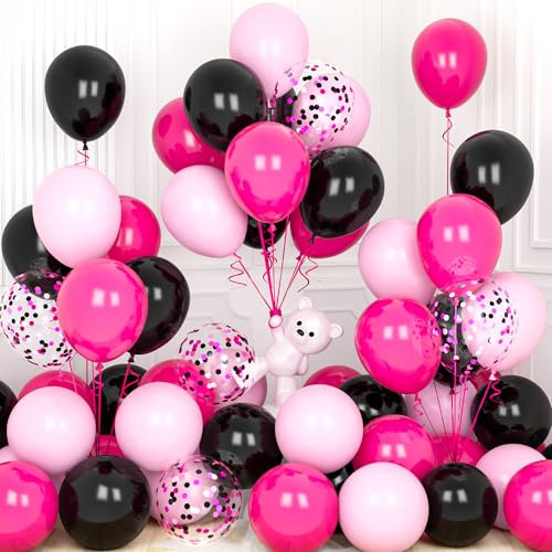Ousuga 30 Pezzi Palloncini Rosa Neri, 12 Pollici Palloncini Rosa Pastello Opaco Rosa Caldo Fucsia Nero Coriandoli Palloncini Lattice per Ragazze Feste Compleanno Addio al Nubilato Matrimonio Battesimo