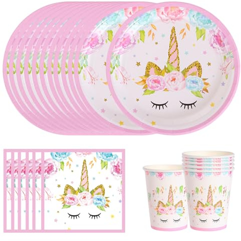FORYNXHWIN Einhorn Partygeschirr Set, 16 Gäste Einhorn Teller Set, Rosa Einhorn Geburtstag Geschirr, Einhorn Party Deko Set,Kindergeburtstag Teller Becher Servietten for Kids Birthday Party Decoration