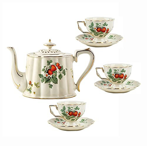 MaGiLL Teeservice für Erwachsene, Kaffeetassen und Untertassen aus Porzellan, Bone China, rosa Teekannen-Set, Old Country Roses-Teekanne, 7-teilig, B (A)