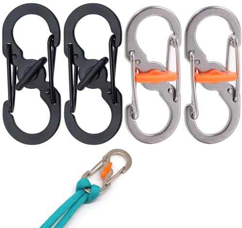 4er-Pack Karabinerhaken S-förmig - Mini-Outdoor-Campinghaken für Camping, Zuhause, Wandern oder Reisen (Schwarz + Silber)