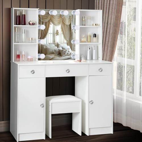 Dradaomull Tavolo da toeletta con illuminazione a LED, tavolo da toeletta con specchio per trucco, 3 colori con luminosità regolabile, tavolo cosmetico con ripiani regolabili, 3 cassetti, moderno (66)