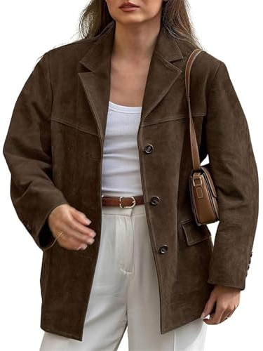 FYHTC Chaqueta Elegante de Ante con Solapa Marrón para Mujer, Chaqueta de Cuero Sintético con Bolsillos Y2k, Ropa de Calle de Manga Larga Abrigo(Medium)
