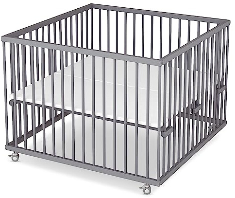 Sämann Baby Laufstall aus Holz I Baby Laufgitter 100x100 cm Grau I Inkl. Matratze Cloud Air I Robuster & höhenverstellbarer Laufstall aus Buchenholz I Mit gummierten Rollen & TÜV geprüft